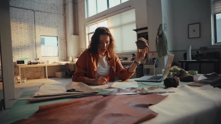 Focused female shoemaker sketches a design while examining a shoe prototype in her sunlit workshop