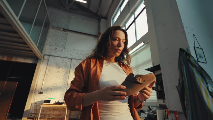 A focused female artisan inspects the details of a handmade clog in her sun-drenched industrial workshop