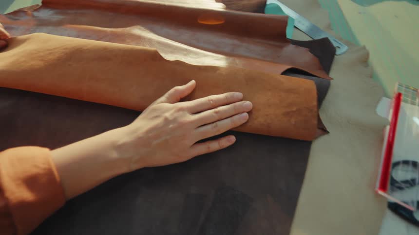 A female artisan carefully examines different pieces of natural leather, feeling the texture with her hands in a sunlit workshop