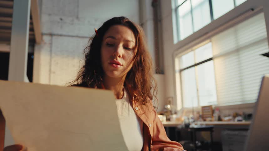 A focused female creative professional reviews a drawing and makes notes while working on her laptop in a sunlit industrial loft