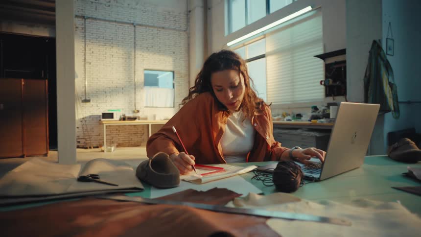 Female footwear designer multitasks on a phone call while using her laptop and sketching new designs in her creative workshop