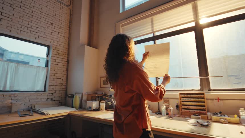 A female artist holds a sheet of paper up to the golden sunlight streaming through a large window in her creative studio