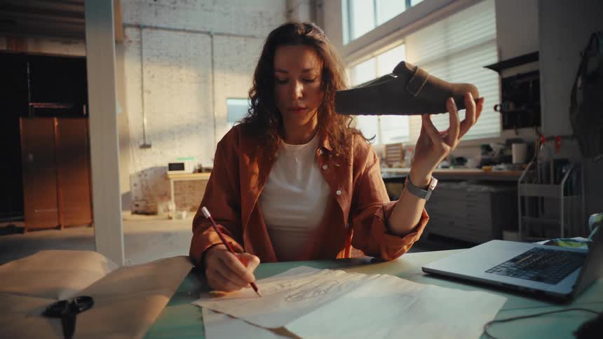 A female shoe designer sits at her workbench, holding a clog and meticulously sketching a new design on paper in her sunlit workshop