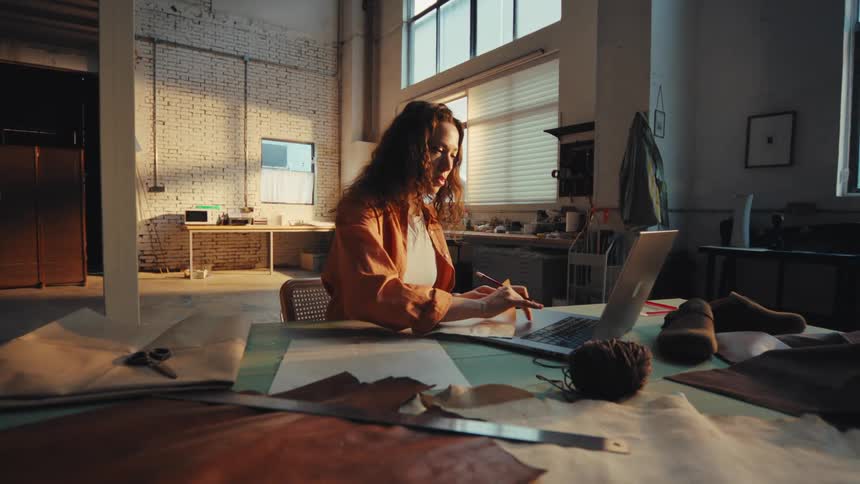 A young female fashion designer sits at a large table in her sunlit studio, working on new designs with a laptop, sketches, and leather materials