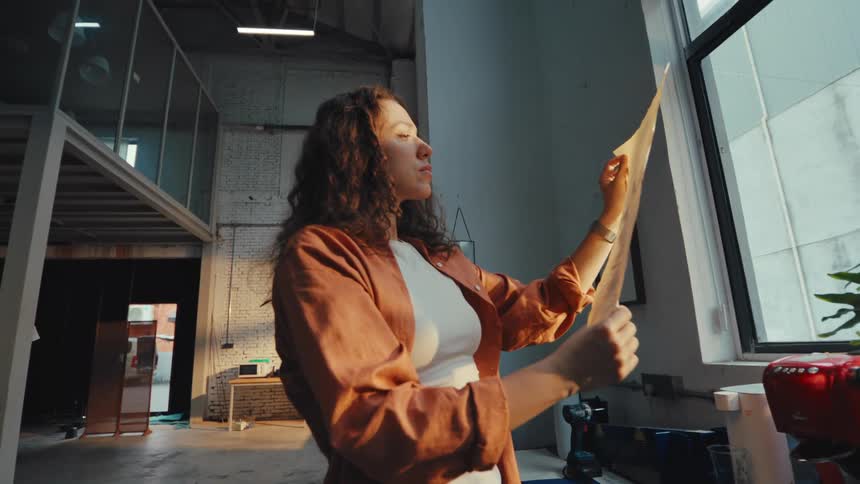 A thoughtful female artist examines her sketch against the warm sunlight in her spacious industrial loft studio