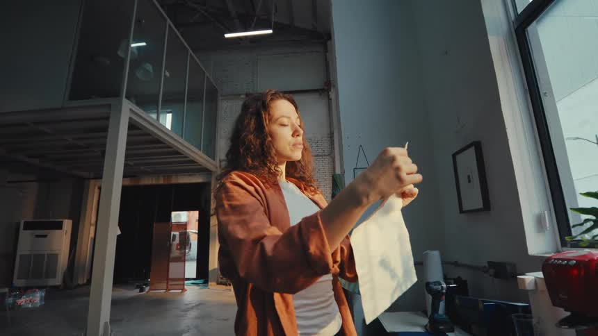 A thoughtful female artist examines her sketch against the warm sunlight in her spacious industrial loft studio