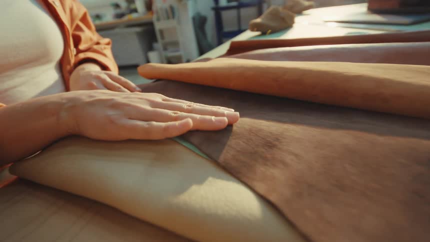 Close-up of a female artisan's hands feeling the texture of soft brown leather in a sunlit workshop
