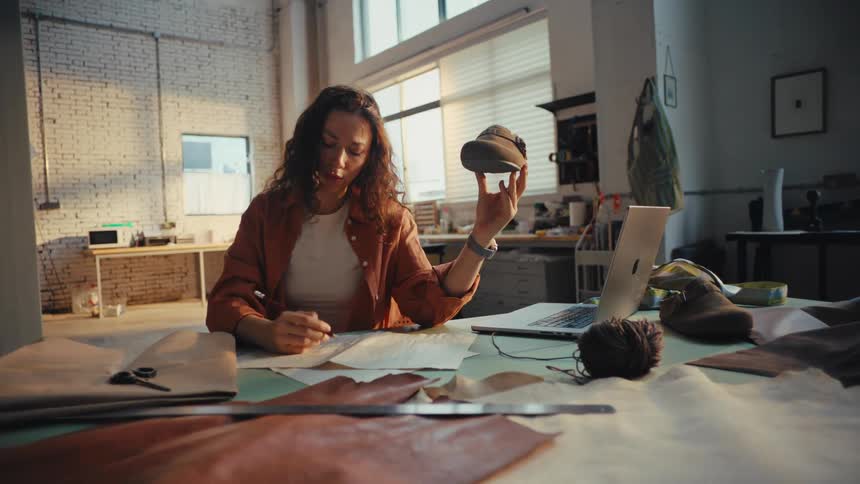 A thoughtful female shoe designer meticulously examines a footwear prototype and sketches new ideas in her sunlit workshop