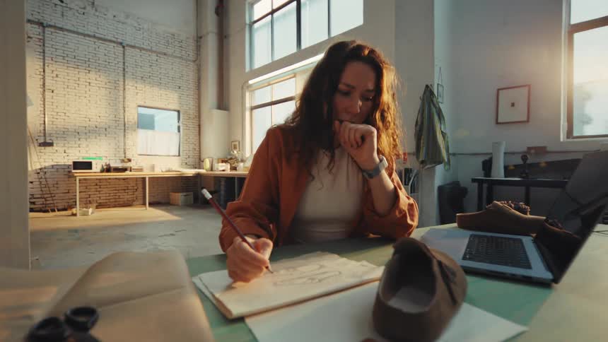 A busy female shoe designer works in her sunlit industrial workshop, managing her business on a laptop and sketching new footwear concepts