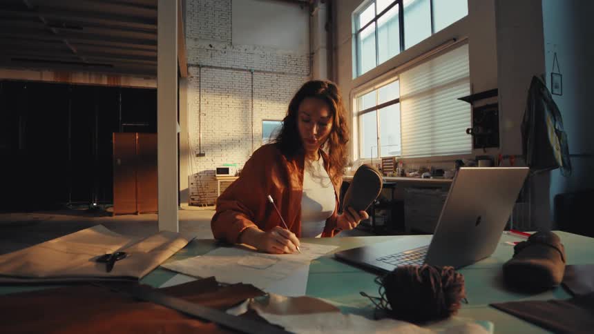A female footwear designer sketches a new shoe model while examining a sole and using her laptop in a sunlit industrial workshop