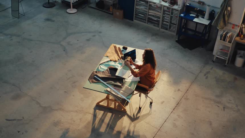 A high-angle view shows a female designer working at her drafting table in a spacious industrial studio, carefully examining a prototype