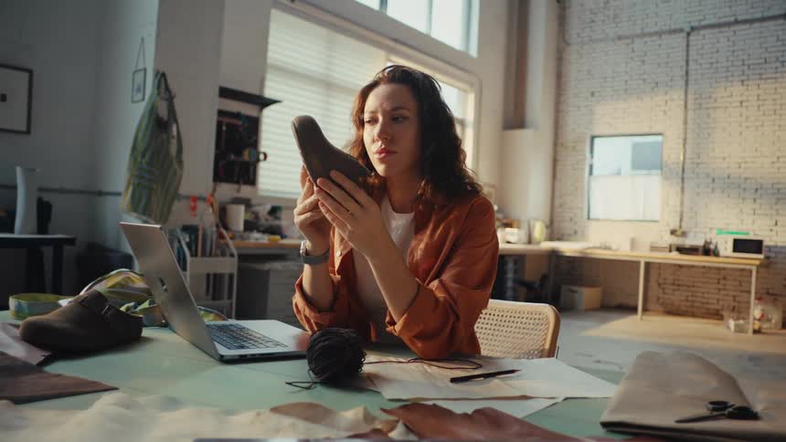 A thoughtful female shoemaker meticulously examines the sole of a handmade shoe in her sunlit artisanal workshop