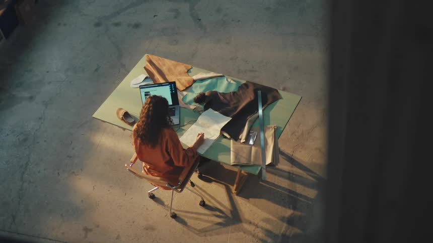 High angle shot of a female designer working on a laptop and sketching a pattern at a workbench with leather and fabric in a studio