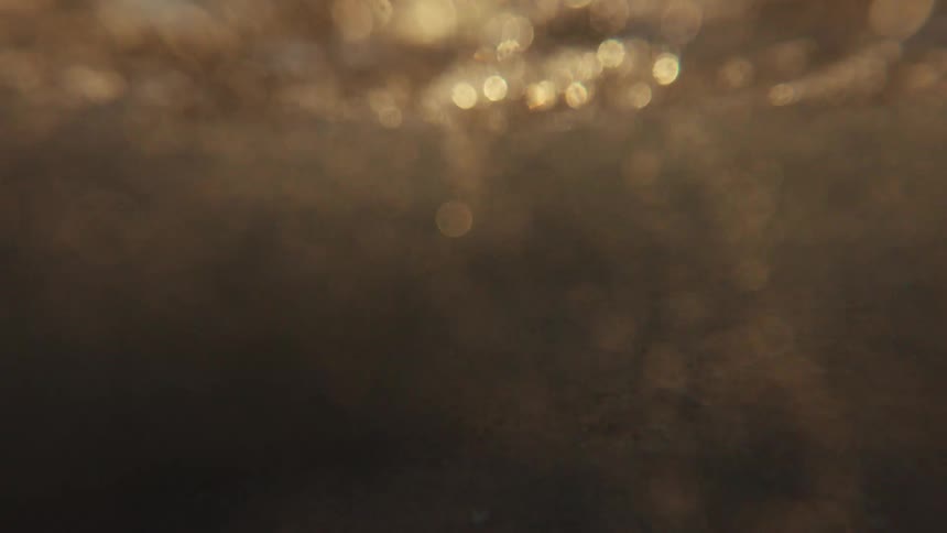 A young boy and girl splash each other and play in the shallow ocean waves at sunset, captured in slow motion from a low, underwater perspective