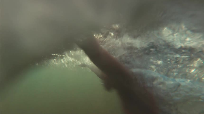 A young girl playfully runs towards the camera in the shallow ocean waves, splashing and diving into the water in slow motion on a beautiful day