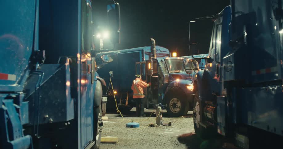 A sanitation worker in a high-visibility vest unplugs a garbage truck at a depot during a snowy night
