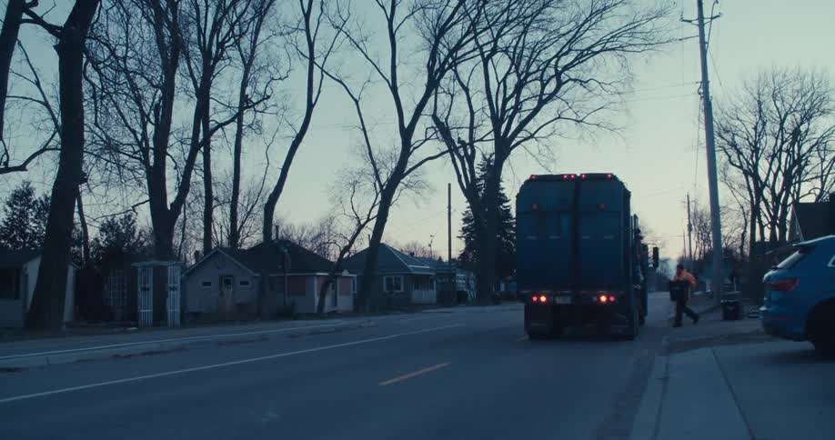 A sanitation worker collects curbside trash and empties it into a garbage truck on a quiet suburban street at dusk