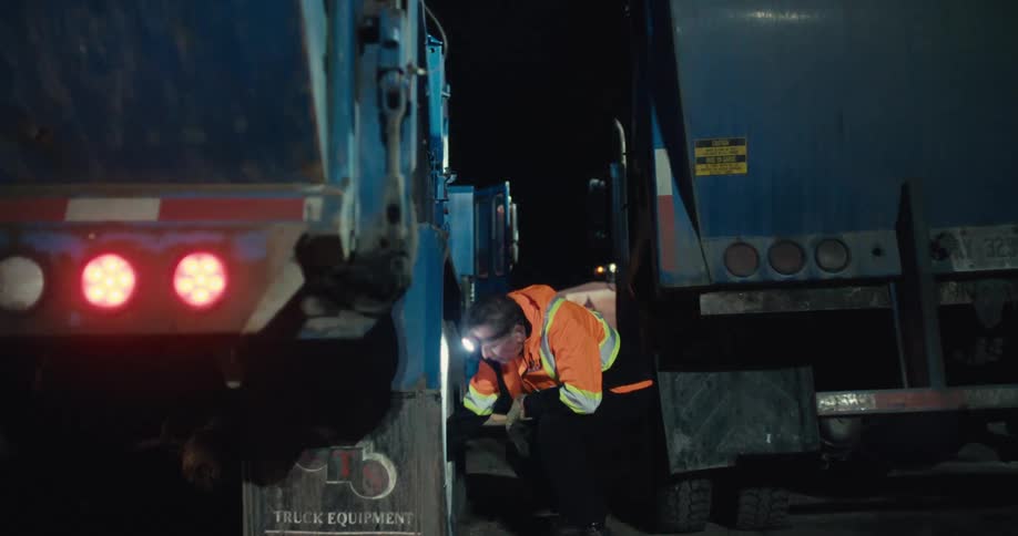 Male worker wearing a headlamp conducts a safety check on a garbage truck's tires in a depot at night