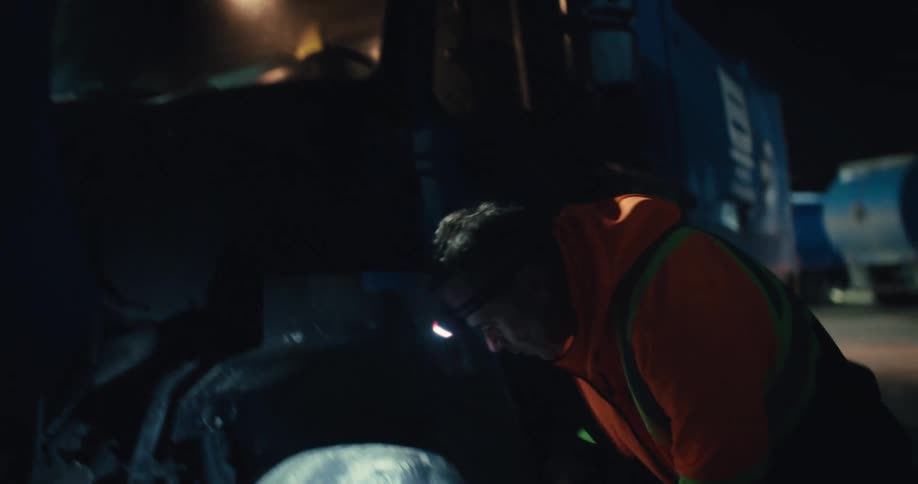 A truck driver wearing a headlamp performs a pre-trip safety inspection on his semi-truck at night