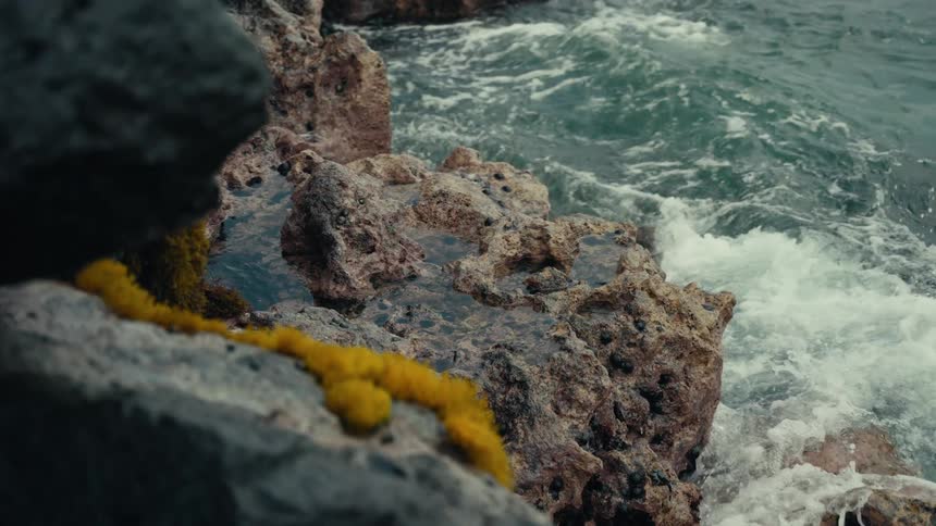 Slow motion waves splash over a tide pool on a rocky shore with yellow moss