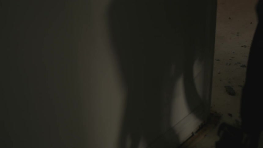 A wheelchair rolls down a hallway and casts a shadow on a wall