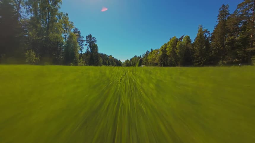 An exhilarating FPV drone flight speeds low over a lush green field between forests on a sunny day
