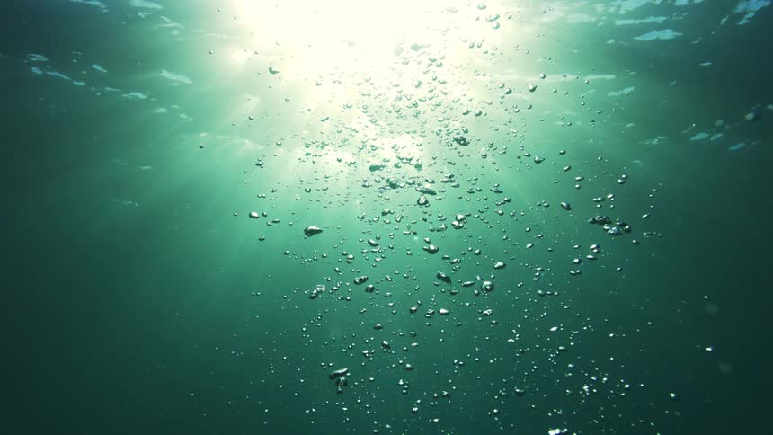 A serene underwater scene shows bubbles rising through sunlit green water towards the surface