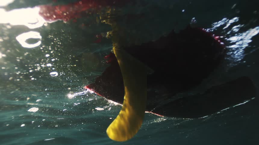 An abstract slow-motion underwater view captures a yellow kayak rudder slicing through sunlit water with a piece of kelp attached
