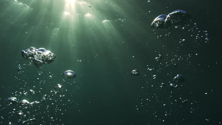Slow motion shot of air bubbles gracefully rising through deep green water towards the sunlit surface