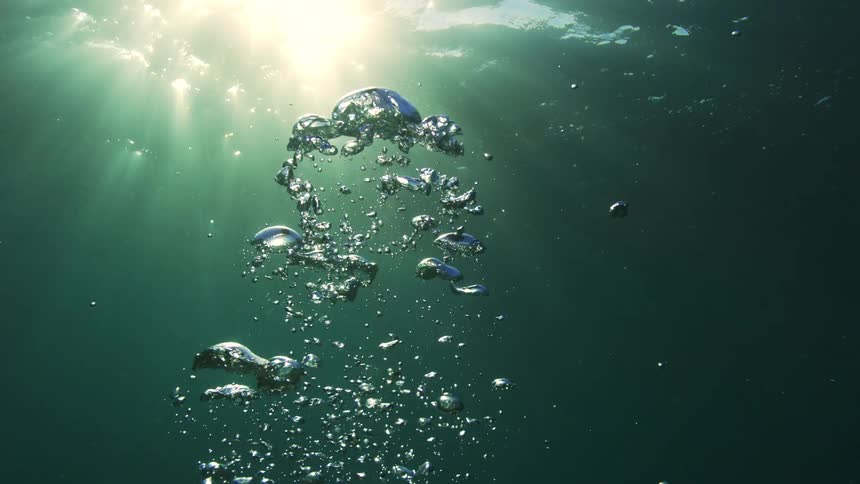 An underwater view shows air bubbles rising towards the sunlit surface in super slow motion