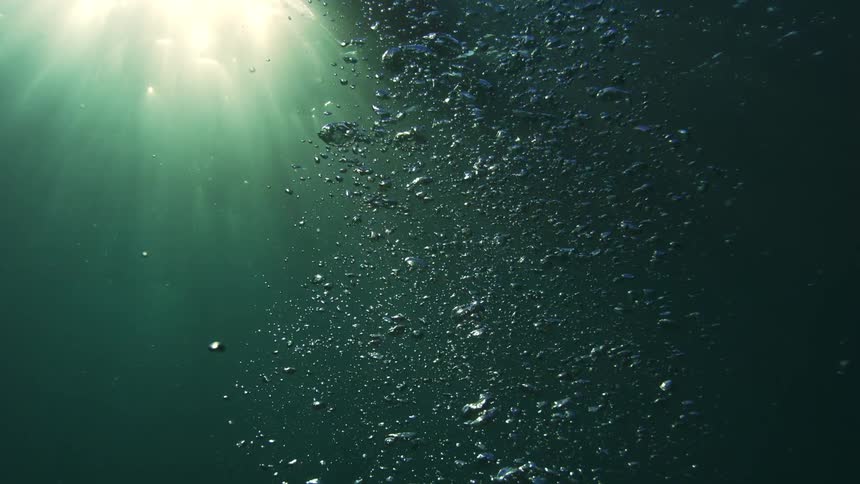Thousands of air bubbles rise in slow motion through tranquil deep water as sunlight beams down from the surface