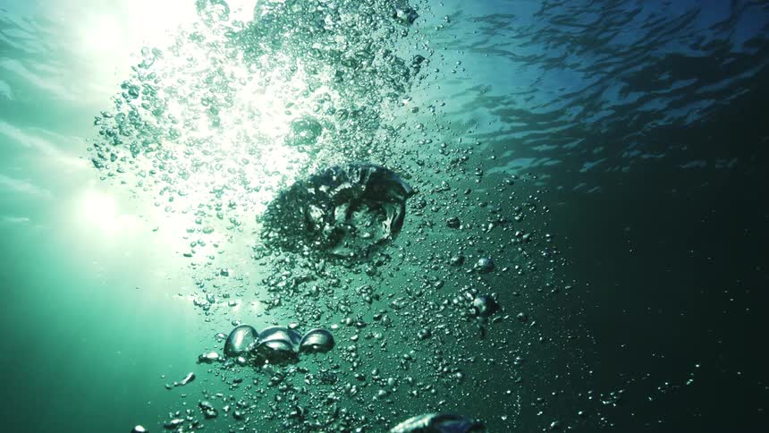 Underwater view of air bubbles rising to the sunlit surface in slow motion