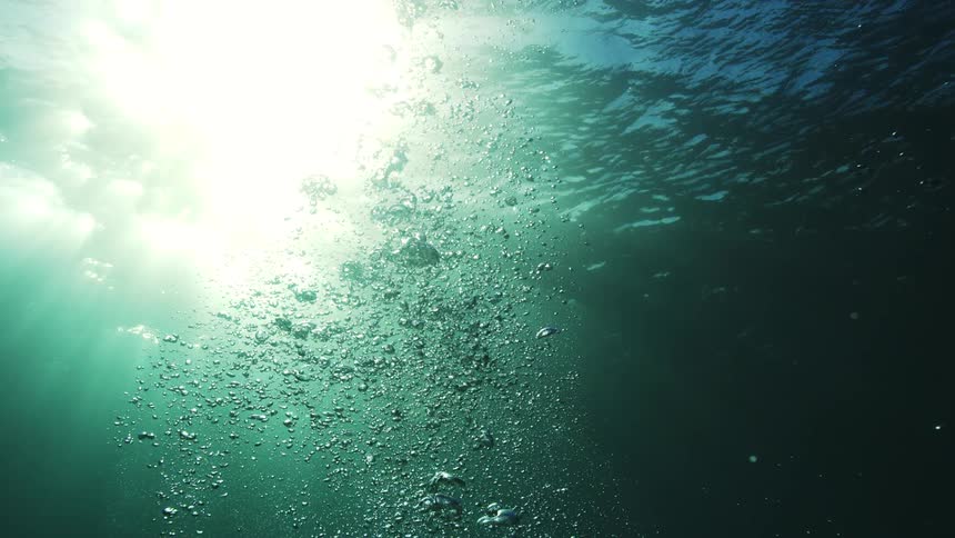 Sunlight filters through the deep green ocean as a stream of air bubbles rises to the surface in slow motion