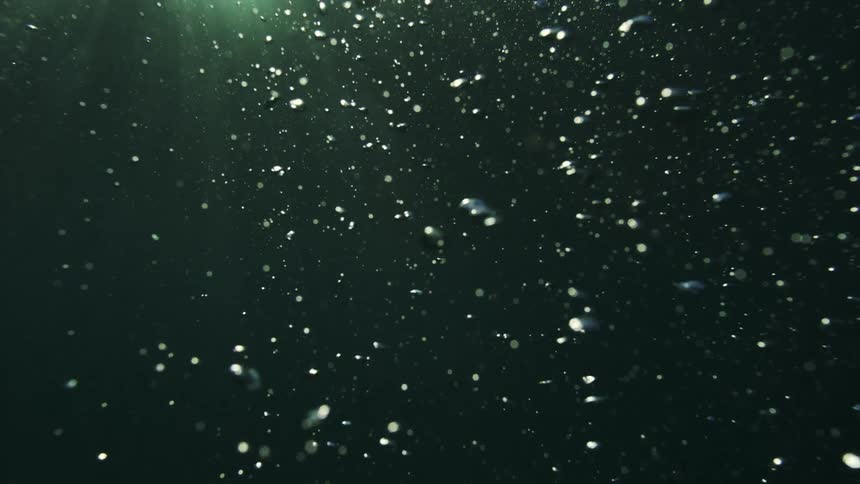 Abstract slow-motion shot of tiny bubbles floating upwards in dark, murky water towards a gentle light source from above