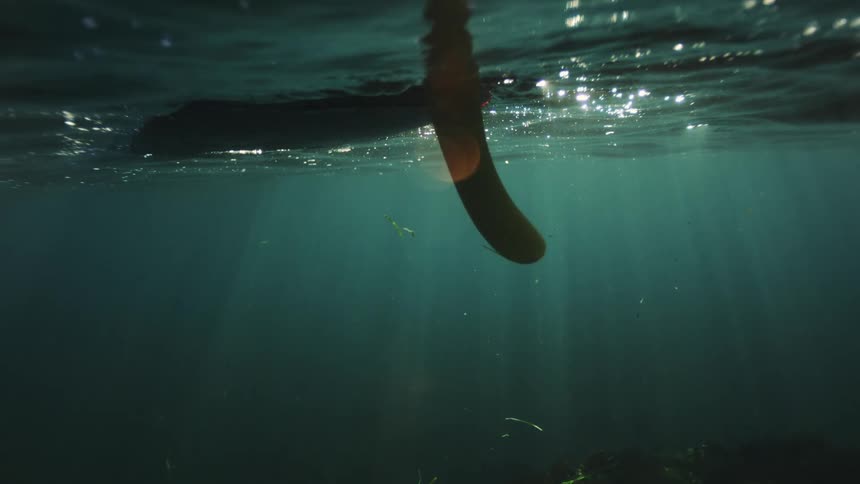 An underwater perspective shows a single surfboard fin dangling in the calm ocean as brilliant sunbeams shine down from above