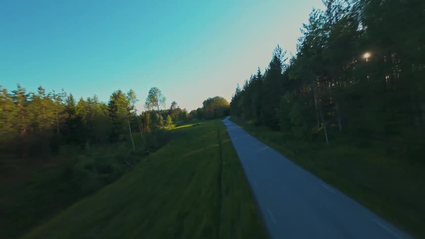 An exhilarating FPV drone flight descends from a high altitude, swooping down to follow a winding country road through a lush green forest during a brilliant sunset