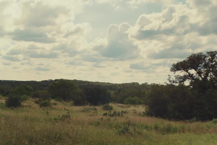 A wide, static shot captures a beautiful rural landscape with tall grass and trees under a cloudy sky