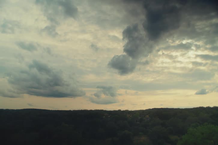 A dramatic and moody sky full of dark clouds hangs over a vast forest