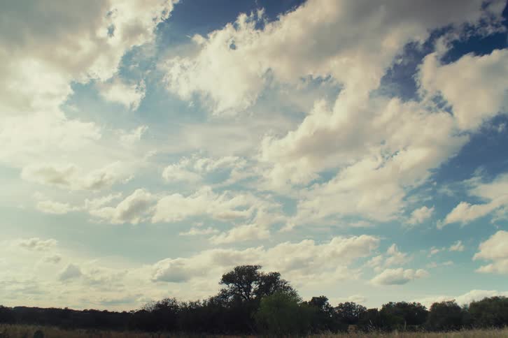 A serene sky with fluffy white clouds drifts gently over a rural landscape with trees on the horizon