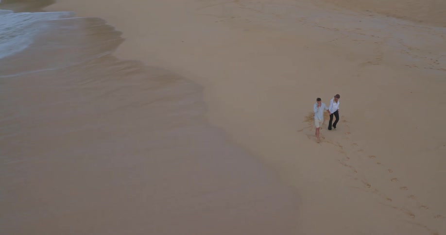 A romantic couple embraces and kisses on a sandy beach before holding hands and walking along the shoreline as waves crash in slow motion