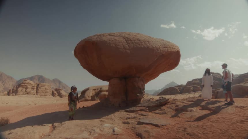 A local guide shows a tourist family a unique mushroom-shaped rock formation in the vast desert landscape