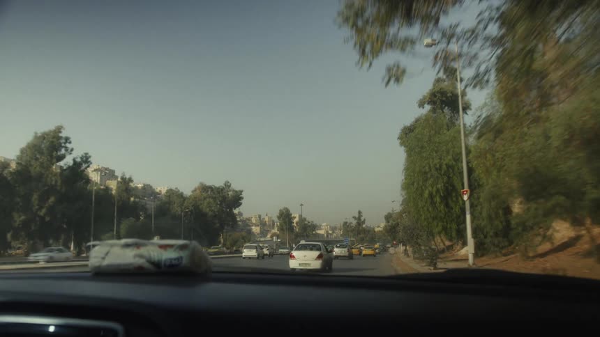 A point-of-view shot from inside a car driving on a tree-lined highway through a city on a sunny day