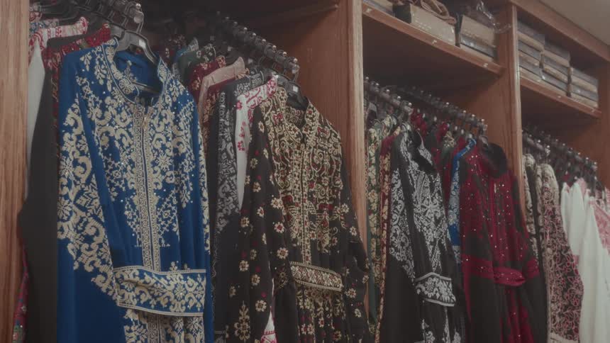 A beautiful collection of colorful, embroidered traditional Middle Eastern dresses hanging on a rack in a shop