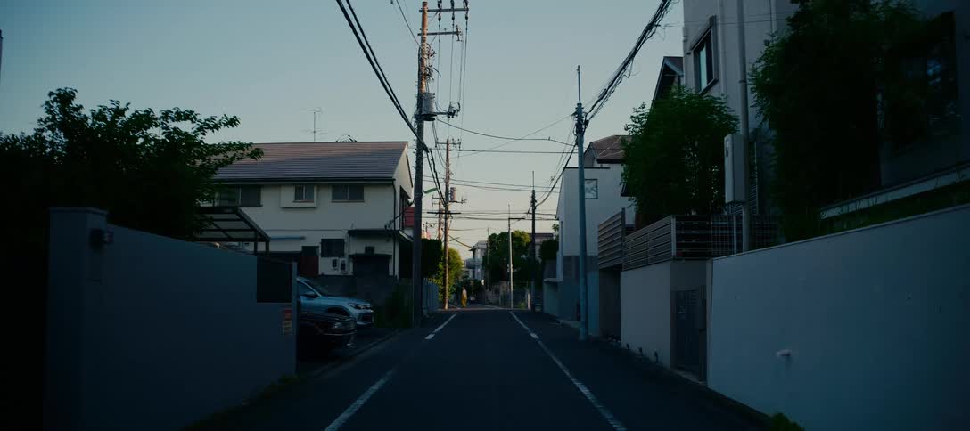 A lone figure walks away down a quiet suburban street in Japan during the serene golden hour