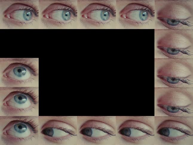 A creative stop-motion sequence fills the screen with a grid of close-up blue eyes