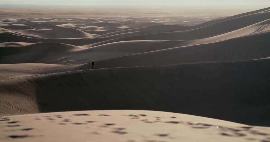A lone hiker walks along the crest of a vast sand dune as wind blows sand across the desolate landscape