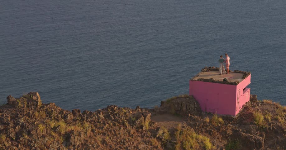 A man and a woman stand with a friend atop a vibrant pink structure on a rugged coastline, enjoying the expansive ocean view