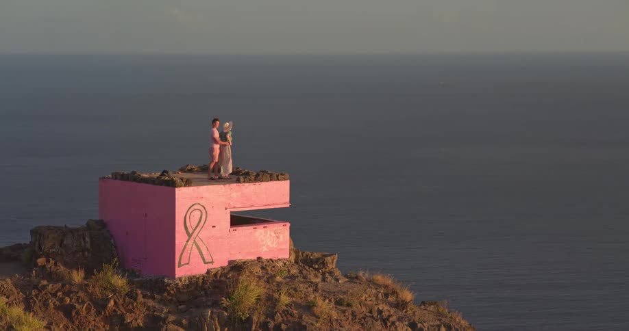 An aerial view shows a young couple in love embracing on top of a pink bunker on a cliff with a vast ocean view
