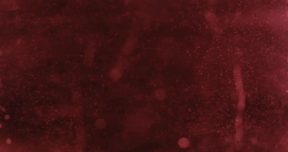 Microscopic red particles and glitter slowly float and drift in an abstract liquid environment