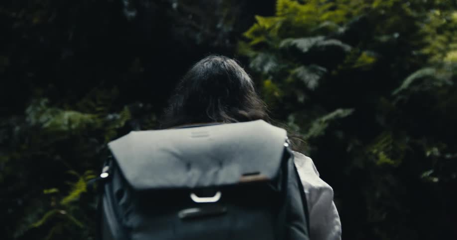 A lone hiker with a backpack ventures into a dark and moody green forest in slow motion